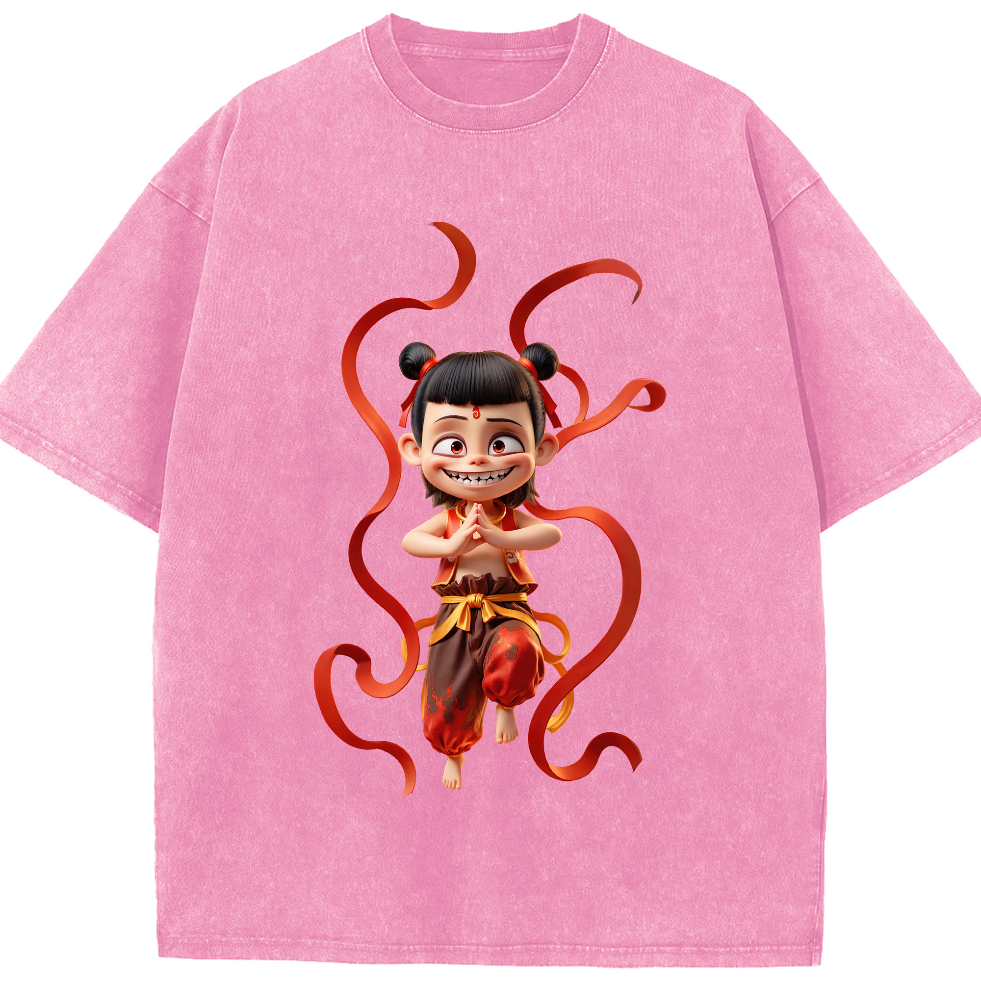 （画像用） Ne Zha 2 ナタ 魔童の大暴れ 綿100% ヴィンテージ風 半袖Tシャツ（フロントプリント）